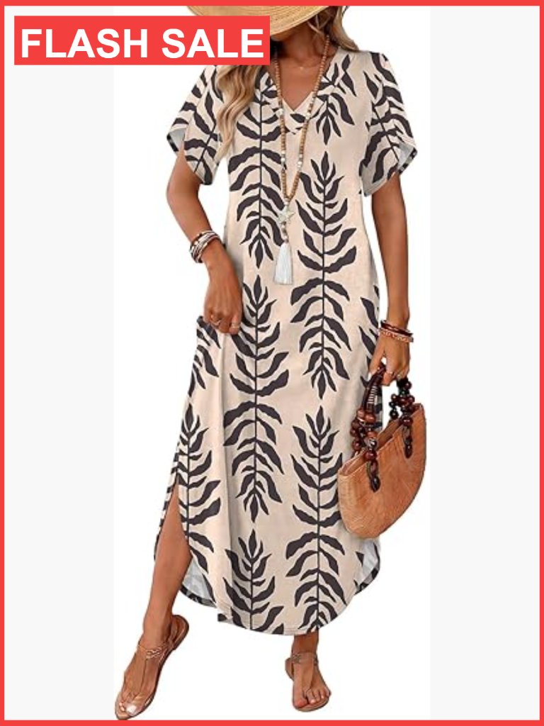 Short Sleeve V Neck Maxi Dress With Pockets Side Slit